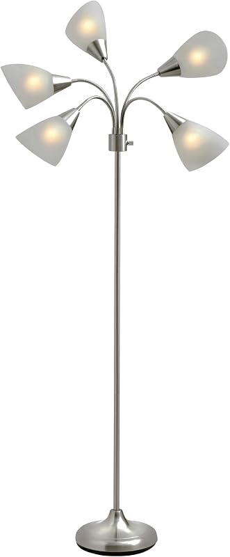 Adesso Floor Lamp with 5 Movable Shades & Adjustable Brightness, Brushed Steel Finish, Silver Perfect Lighting for Bedroom Decor, Beauty & Art Studio - Floor Lamps, product photo on a white background