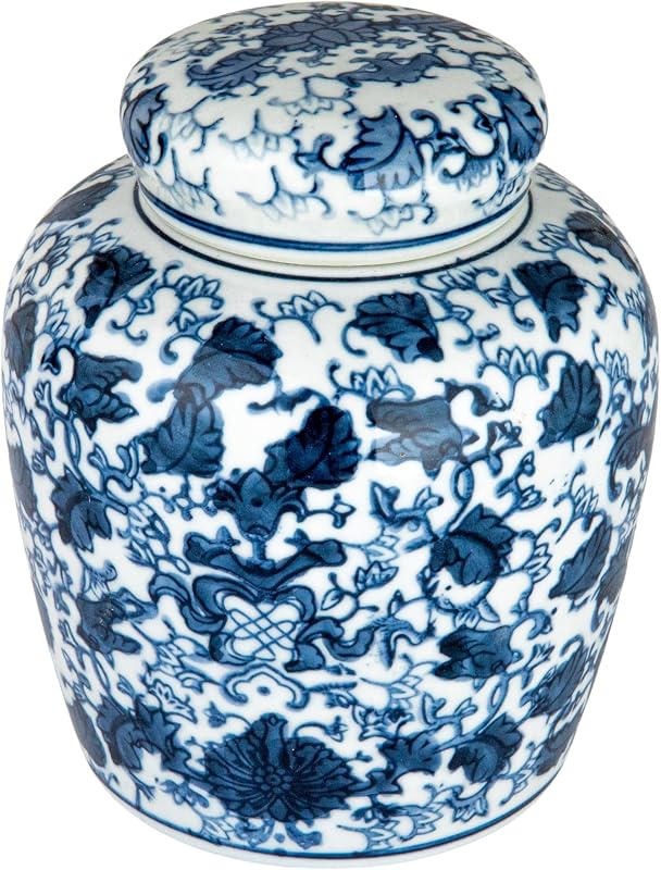 Vases & Objects - Creative Co-Op Small Decorative Ceramic Ginger Jar with Lid, Blue and White Floral Pattern