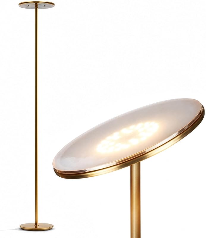 Brightech Sky LED Floor lamp, Torchiere Super Bright Floor Lamp for Living Room Decor & Office - Dimmable, Tall Standing Torch Lamp with Warm Light for Bedroom & Reading - Gold Brass - Floor Lamps, product photo on a white background