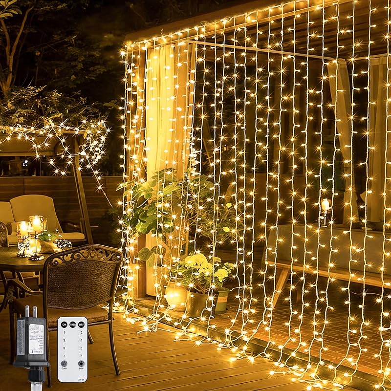 JMEXSUSS 300 LED Remote Control Curtain Lights, Plug in Fairy Curtain Lights Outdoor, Window Wall Hanging String Lights for Bedroom Indoor Dorm Backdrop Wedding Party Patio Christmas Decor, Warm White - String & Accent Lighting, product photo on a white background