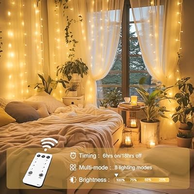 JMEXSUSS 300 LED Remote Control Curtain Lights, Plug in Fairy Curtain Lights Outdoor, Window Wall Hanging String Lights for Bedroom Indoor Dorm Backdrop Wedding Party Patio Christmas Decor, Warm White - image 3 of 4