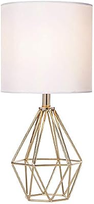 Gold Modern Hollow Out Base Bedroom Small Table Lamp,Bedside Nightstand Lamp with Geometric Metal Base White Fabric Shade,Cute Desk Lamp for Kids Living Room - image 2 of 4