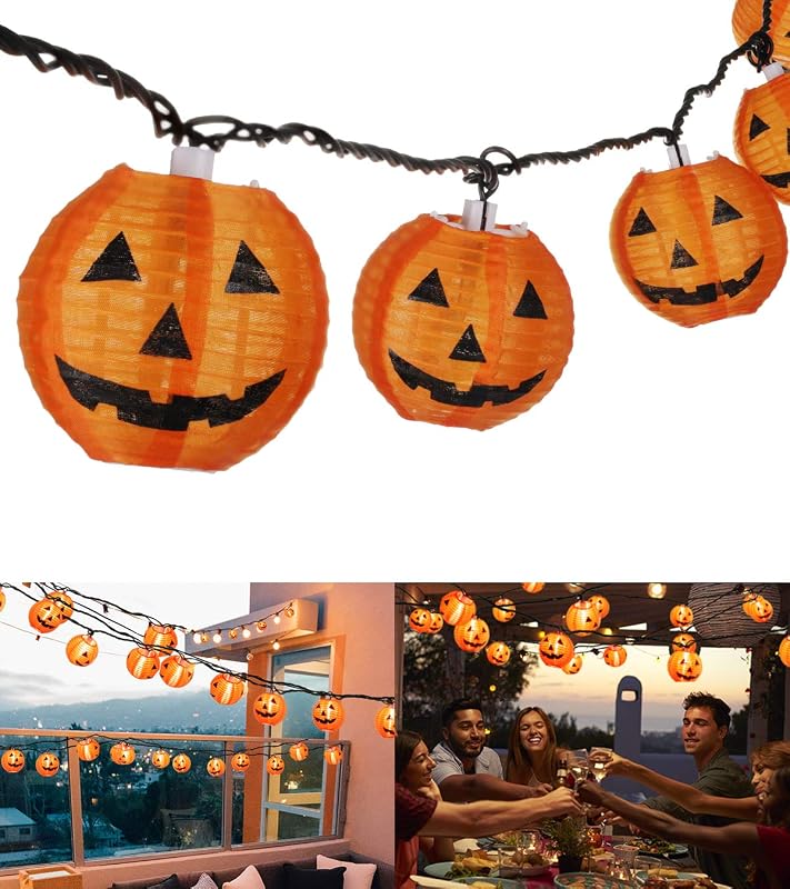TIGOMOOV Halloween Pumpkin String Lights, Jack O Lantern Lights Plug in, 10 Orange Pumpkin Lanterns 9.83FT Connectable, Indoor Outdoor Fall Halloween Decorations for Porch Mantel Yard - String & Accent Lighting, product photo on a white background