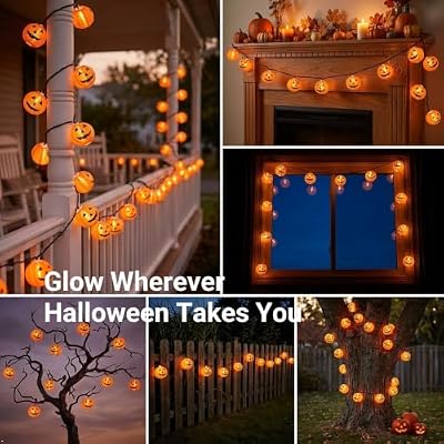 TIGOMOOV Halloween Pumpkin String Lights, Jack O Lantern Lights Plug in, 10 Orange Pumpkin Lanterns 9.83FT Connectable, Indoor Outdoor Fall Halloween Decorations for Porch Mantel Yard - image 4 of 4