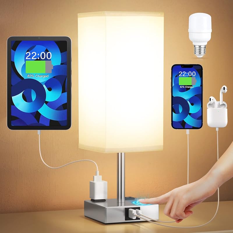 Touch Bedside Table Lamp for Bedroom - Dimmable, USB C+A, 2 AC Outlets - Table Lamps, product photo on a white background
