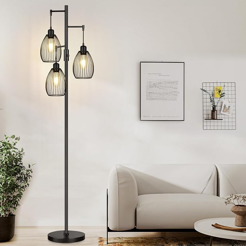 Dimmable Floor Lamp, 3 x 800LM LED Edison Bulbs Included, Farmhouse Industrial Floor Lamp Standing Tree Lamp with Elegant Teardrop Cage Tall Lamps for Living Room Bedroom Office Dining Room-Black - Floor Lamps, product photo on a white background