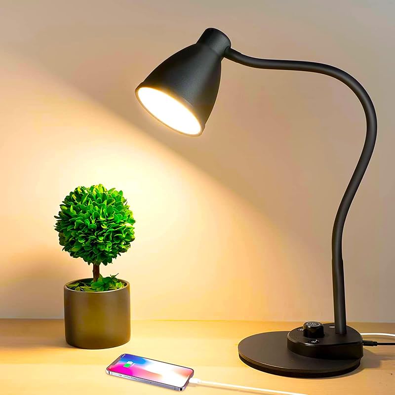 BOHON LED Desk Lamp with USB Charging Port 3 Color Modes Dimmable, Black - Table Lamps, product photo on a white background