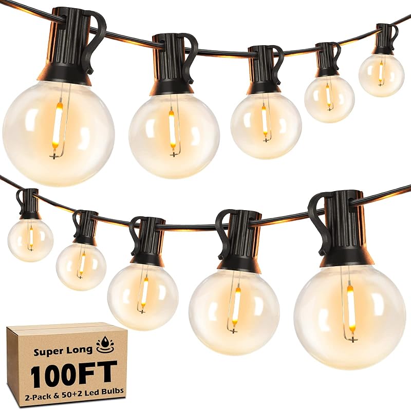 100FT LED Outdoor String Lights Patio Light with 52 Shatterproof G40 Dimmable Globe Bulb, 2-Pack 50FT Waterproof Outside Hanging String Light for Christmas Backyard Porch Balcony Gazebo Party - String & Accent Lighting, product photo on a white background