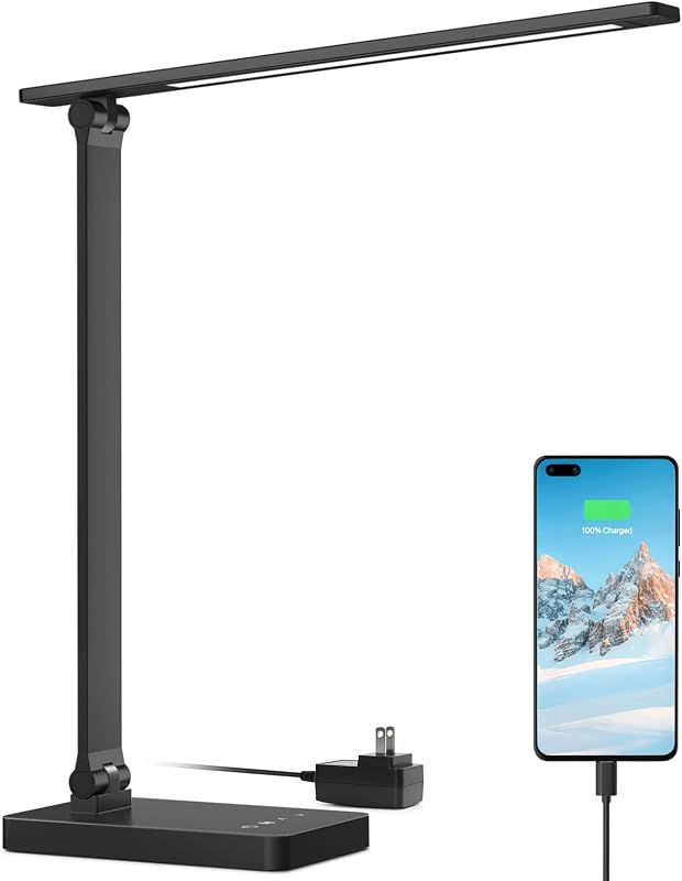 Lepro Desk Lamp with USB Charging Port for Home Office, 650LM 9.5W, Black - Table Lamps, product photo on a white background