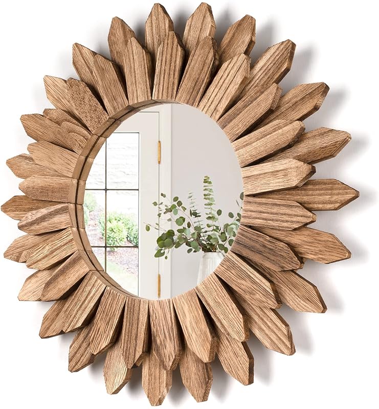 Honiway Wall Mirror Decorative 12 inch Rustic Wood Mirror Sunburst Boho Mirror for Entryway Bedroom Living Room Bathroom House Warming Gifts New Home Essential Carbonized Black - Mirrors, product photo on a white background