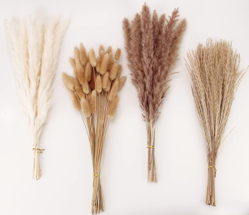Dried Pampas Grass Decor, 100 Stems Pampas Grass Contains Bunny Tails Dried Flowers, Reed Grass Bouquet for Wedding Boho Flowers Home Table Decor, Rustic Farmhouse Party (17", White and Brown) - Vases & Objects, product photo on a white background