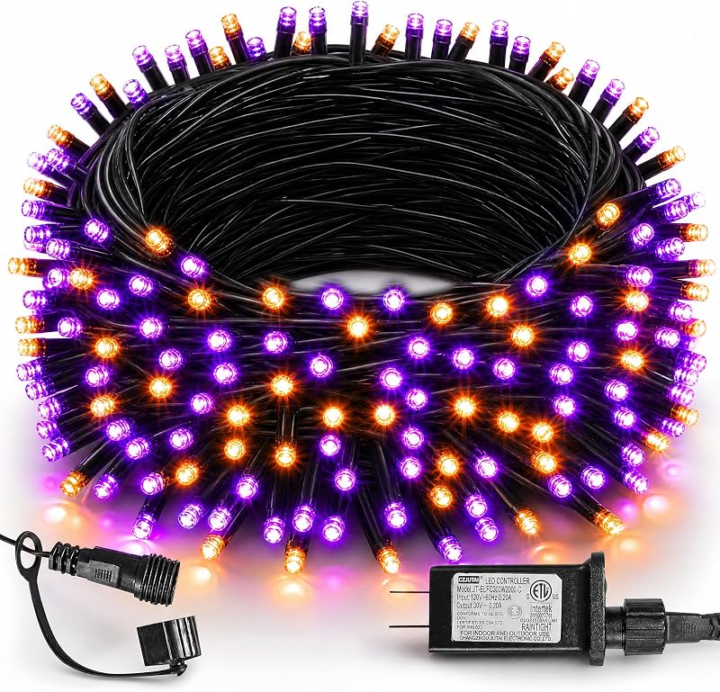 TW SHINE Halloween Lights, 200 LED 66FT Outdoor Halloween Lights Plug in with 8 Modes, Waterproof Light Outdoor, Indoor Decorations for Party Yard Haunted House Decor, Orange and Purple - String & Accent Lighting, product photo on a white background
