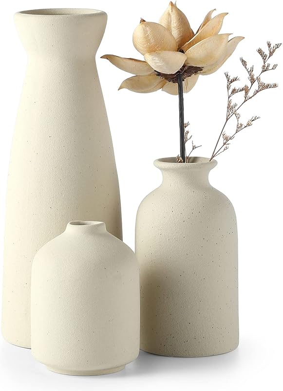 CEMABT Beige Ceramic vase Set-3 Small Flower vases for Decor,Modern Boho Farmhouse Home Decor,Decorative vase for Pampas Grass&Dried Flowers,idea Shelf,Table,Bookshelf ，Entryway- Distressed - Vases & Objects, product photo on a white background