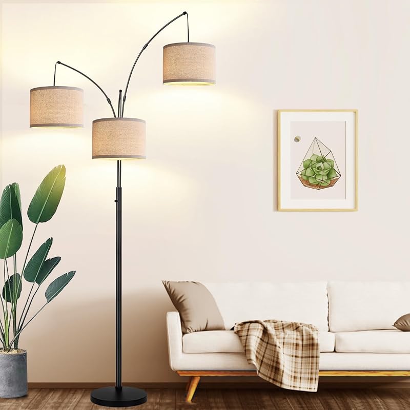 Dimmable 3 Lights Floor Lamp - 3000LM Super Bright Arc Floor Lamps for Living Room, Modern Tall Standing Lamp With Beige Shades, Mid Century Tree Floor Lamp for Bedroom Office, 3 LED Bulbs Included - Floor Lamps, product photo on a white background