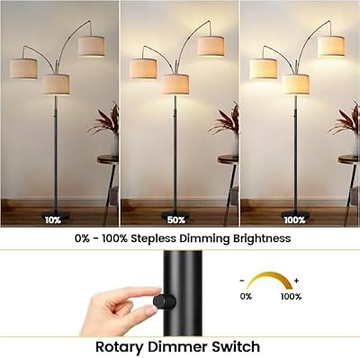 Dimmable 3 Lights Floor Lamp - 3000LM Super Bright Arc Floor Lamps for Living Room, Modern Tall Standing Lamp With Beige Shades, Mid Century Tree Floor Lamp for Bedroom Office, 3 LED Bulbs Included - image 4 of 4