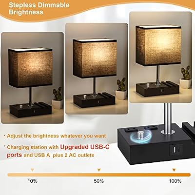 Black Table Lamp for Bedroom - Stepless Dimmable, USB C+A, 2 AC Outlets - image 3 of 4