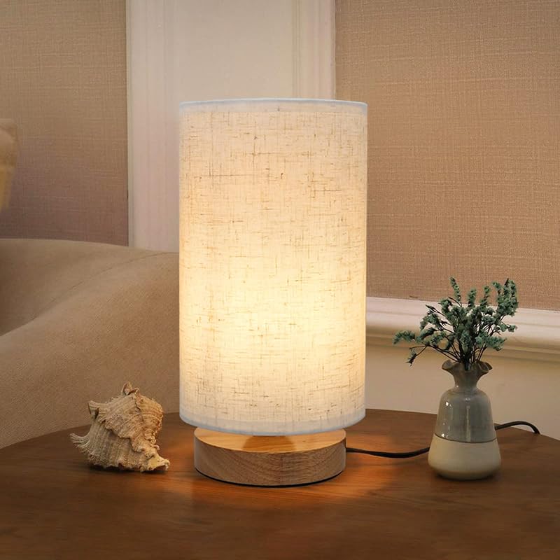 Small Bedside Night Table Lamp for Bedroom, Minimalist Nightstand Lamp with Round Fabric Linen Shade, Study Reading Desk Lamp for Kids Room, Living Room, College Dorm, Home, Office - Table Lamps, product photo on a white background