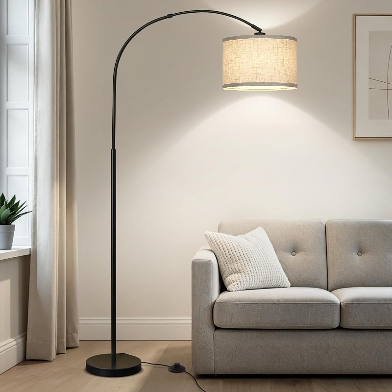 Seaside village Arc Floor Lamps for Living Room, Modern Standing Lamp with Adjustable Hanging Drum Shade, Tall Pole Lamp with Foot Switch, Over Couch Arched Reading Light for Bedroom, Office (Black) - Floor Lamps, product photo on a white background