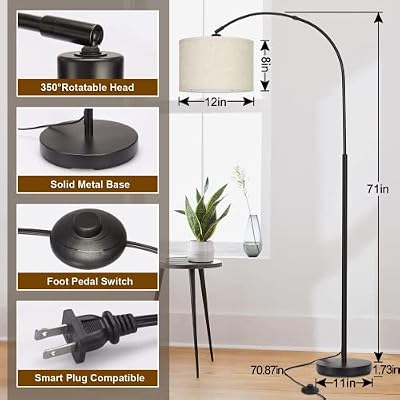 Seaside village Arc Floor Lamps for Living Room, Modern Standing Lamp with Adjustable Hanging Drum Shade, Tall Pole Lamp with Foot Switch, Over Couch Arched Reading Light for Bedroom, Office (Black) - image 3 of 4