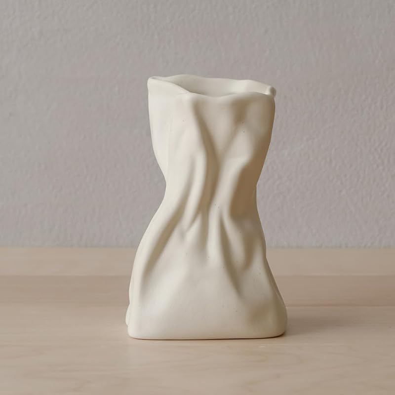WENSHUO Crinkle Paper Bag Vase, Ceramic Flower Vase, 6-Inch, Matte Crème - Vases & Objects, product photo on a white background