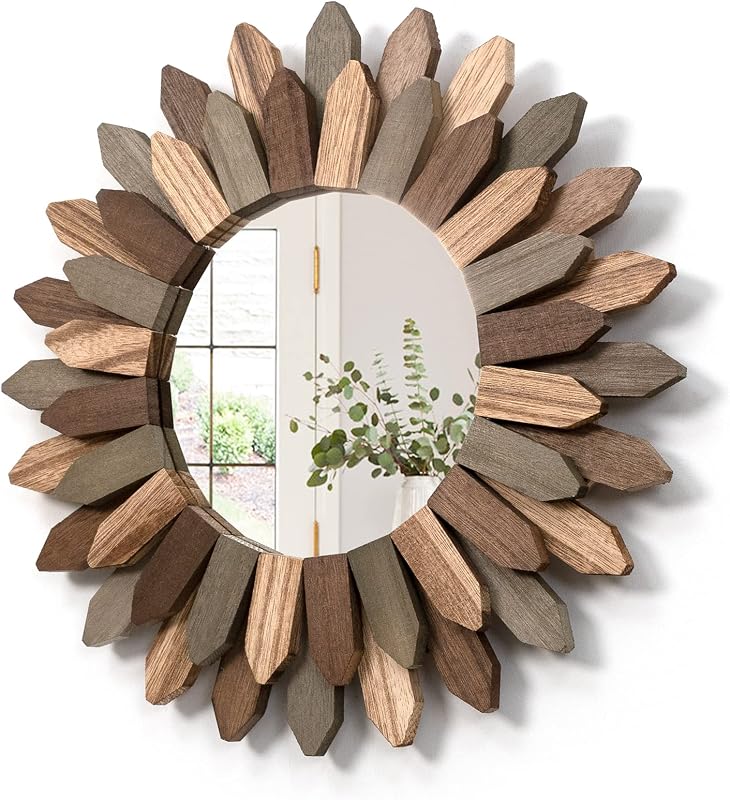 Honiway Boho Wall Decor 12 inch Decorative Mirror with Rustic Wood Sunburst Frame, Perfect for Bedroom, Living Room, Bathroom, Kitchen - Mirrors, product photo on a white background