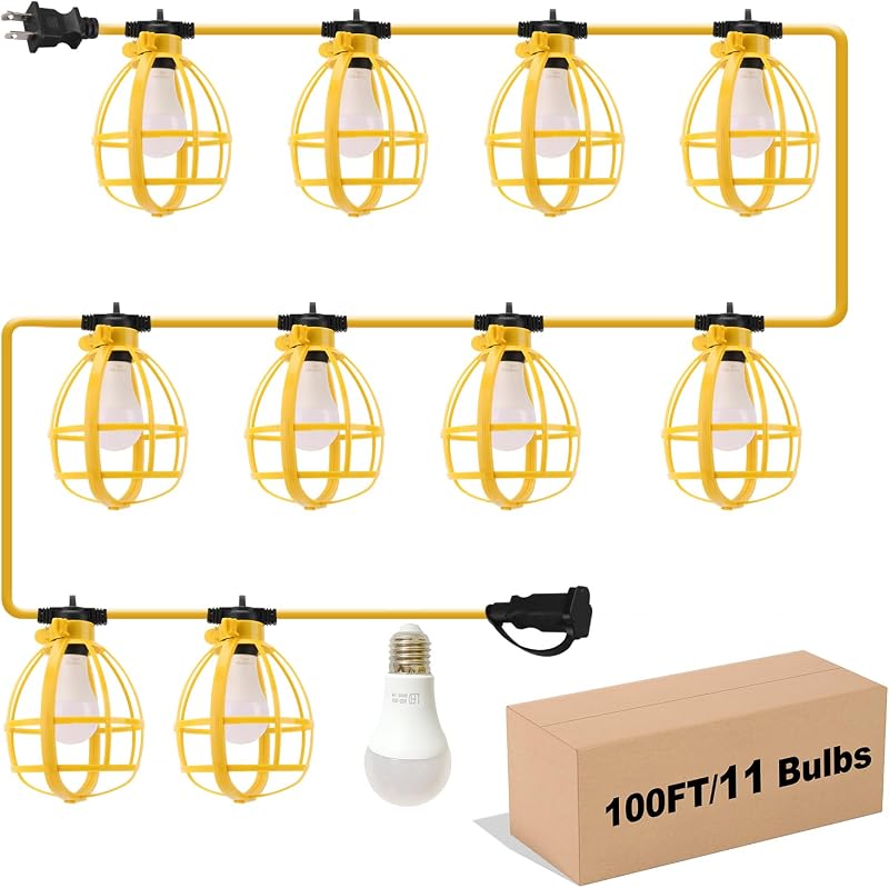 100FT Construction String Lights, 100W 11 Bulbs Work Lights with E26 Base, Construction Lights IP65 Waterproof, 8000LM 6500K Temporary Lighting for Indoor Workshop, Mine cave, Job Site - String & Accent Lighting, product photo on a white background