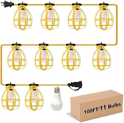 100FT Construction String Lights, 100W 11 Bulbs Work Lights with E26 Base, Construction Lights IP65 Waterproof, 8000LM 6500K Temporary Lighting for Indoor Workshop, Mine cave, Job Site - image 2 of 4