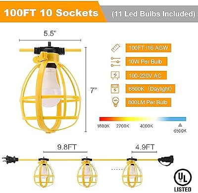 100FT Construction String Lights, 100W 11 Bulbs Work Lights with E26 Base, Construction Lights IP65 Waterproof, 8000LM 6500K Temporary Lighting for Indoor Workshop, Mine cave, Job Site - image 3 of 4