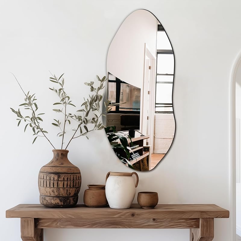 Delma Irregular Wall Mirror, 32"x14" Slim Vertical Wavy Design - Mirrors, product photo on a white background