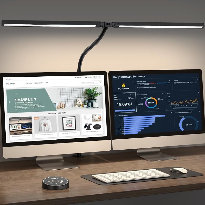 Pzloz Led Desk Lamp for Office Home - Eye Caring Architect lamp with Clamp,Dual Screen Computer Monitor Work Smart Light: 24W 5 Color Flexible Adjustable Lighting Table Lamp for Study Drafting - Table Lamps, product photo on a white background
