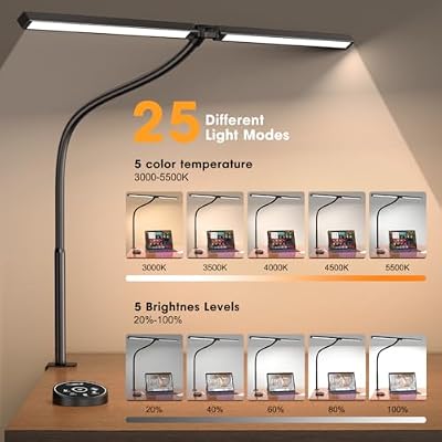 Pzloz Led Desk Lamp for Office Home - Eye Caring Architect lamp with Clamp,Dual Screen Computer Monitor Work Smart Light: 24W 5 Color Flexible Adjustable Lighting Table Lamp for Study Drafting - image 4 of 4