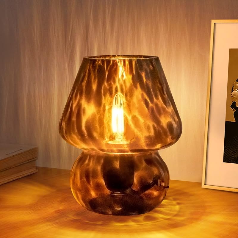 ONEWISH Mushroom Lamp Small Vintage Table Lamp for Bedroom Nightstand, Bedside Lamp Translucent Glass Stepless Dimmable, Murano Aesthetic Home Decor for Living Room Kitchen(Black) - Table Lamps, product photo on a white background