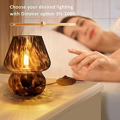 ONEWISH Mushroom Lamp Small Vintage Table Lamp for Bedroom Nightstand, Bedside Lamp Translucent Glass Stepless Dimmable, Murano Aesthetic Home Decor for Living Room Kitchen(Black) - image 3 of 4