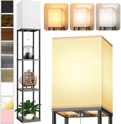 Floor Lamp with Shelves for Living Room, Shelf Floor Lamp with 3 CCT LED Bulb, Corner Display Standing Column Lamp Etagere Organizer Tower Nightstand with White Linen Shade for Bedroom, Office - image 2 of 4