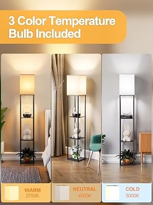 Floor Lamp with Shelves for Living Room, Shelf Floor Lamp with 3 CCT LED Bulb, Corner Display Standing Column Lamp Etagere Organizer Tower Nightstand with White Linen Shade for Bedroom, Office - image 3 of 4