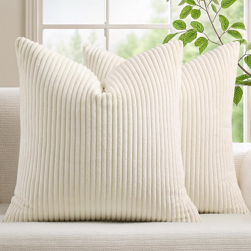 Mecatny Corduroy Fall Throw Pillow Covers 18x18 Set of 2 Cream White - Vases & Objects, product photo on a white background