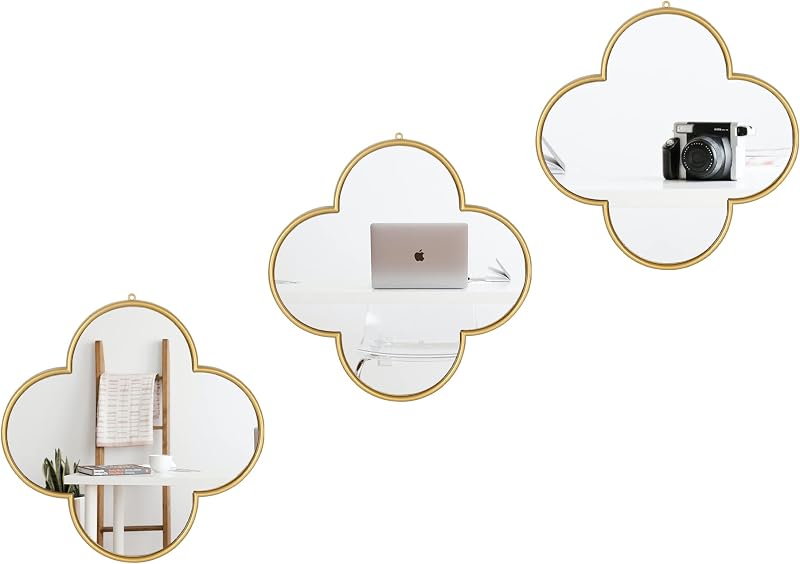 DECANIT Gold Clover Wall Mirrors, 9.9 x 9.9 Inches, Set of 3 - Mirrors, product photo on a white background