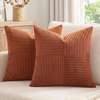 Fancy Homi 2 Packs Rust Boho Decorative Throw Pillow Covers 18x18 Inch for Couch Bed Sofa, Farmhouse Fall Home Decor, Soft Corss Corduroy Patchwork Textured Terracotta Accent Cushion Case 45x45 cm - image 2 of 4