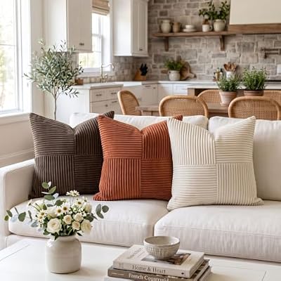 Fancy Homi 2 Packs Rust Boho Decorative Throw Pillow Covers 18x18 Inch for Couch Bed Sofa, Farmhouse Fall Home Decor, Soft Corss Corduroy Patchwork Textured Terracotta Accent Cushion Case 45x45 cm - image 3 of 4
