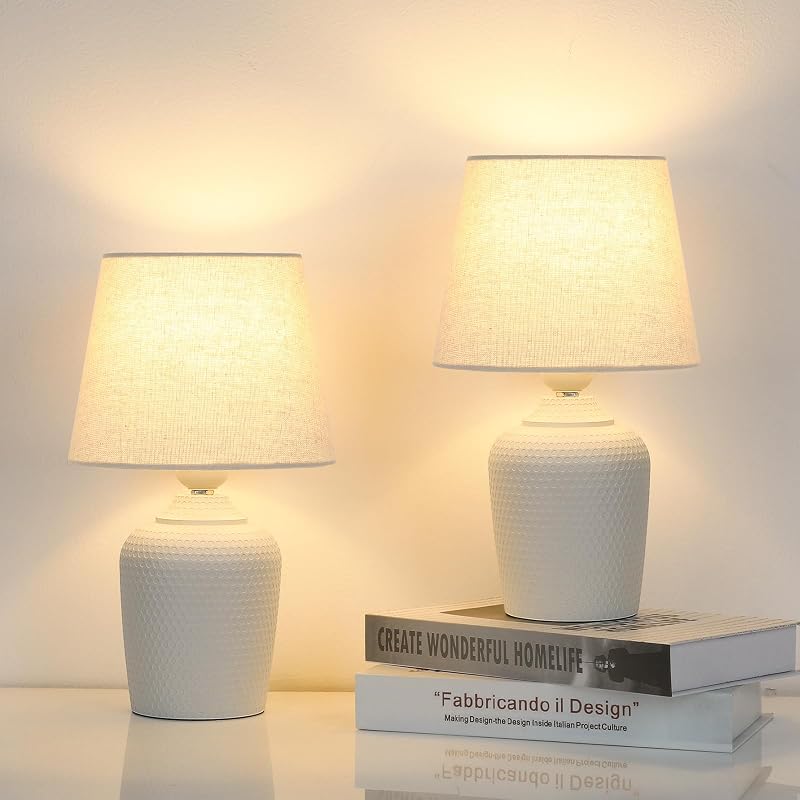 11.8’’ Small Table Lamps Set of 2 for Bedroom Kid’s Room, Beige & White - Table Lamps, product photo on a white background