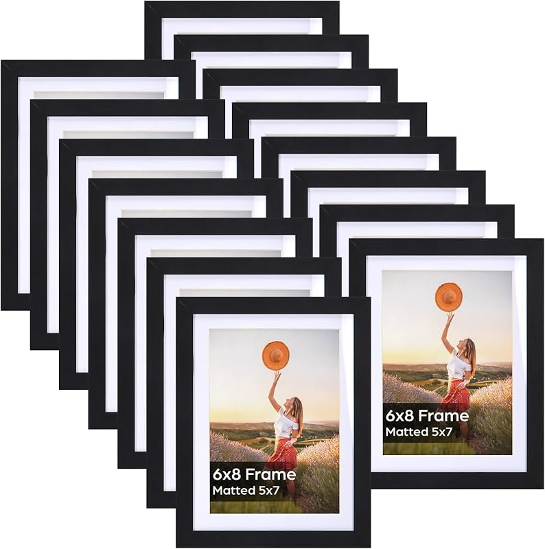 Lyeasw 5x7 Picture Frame Black Set of 15, Display Pictures 6x8 without Mat or 5x7 with Mat, Multi Photo Frames for Wall or Tabletop - Wall Art, product photo on a white background