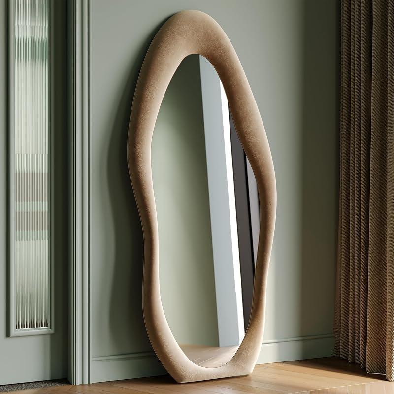 Honyee Full Length Mirror, 63" x 24" Wall Mirror, Flannel Wrapped Wooden Frame Floor Mirror, Irregular Wavy Mirror Hanging or Leaning Against Wall for Cloakroom/Bedroom/Living Room, Milk Tea - Mirrors, product photo on a white background