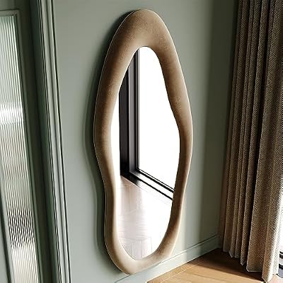 Honyee Full Length Mirror, 63" x 24" Wall Mirror, Flannel Wrapped Wooden Frame Floor Mirror, Irregular Wavy Mirror Hanging or Leaning Against Wall for Cloakroom/Bedroom/Living Room, Milk Tea - image 4 of 4