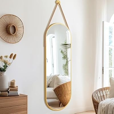 Dewfig 48"x16" Full Length Mirror, Oval Wall Mirror, Leather Strap, Gold - image 3 of 4