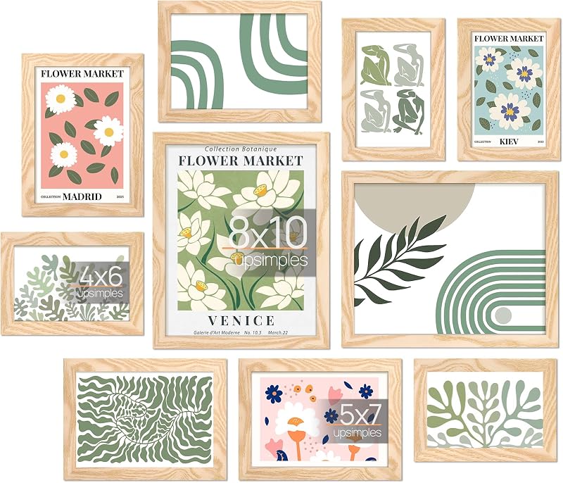 upsimples Picture Frames Set of 10, Including 8x10, 5x7, 4x6 Natural Frame - Wall Art, product photo on a white background
