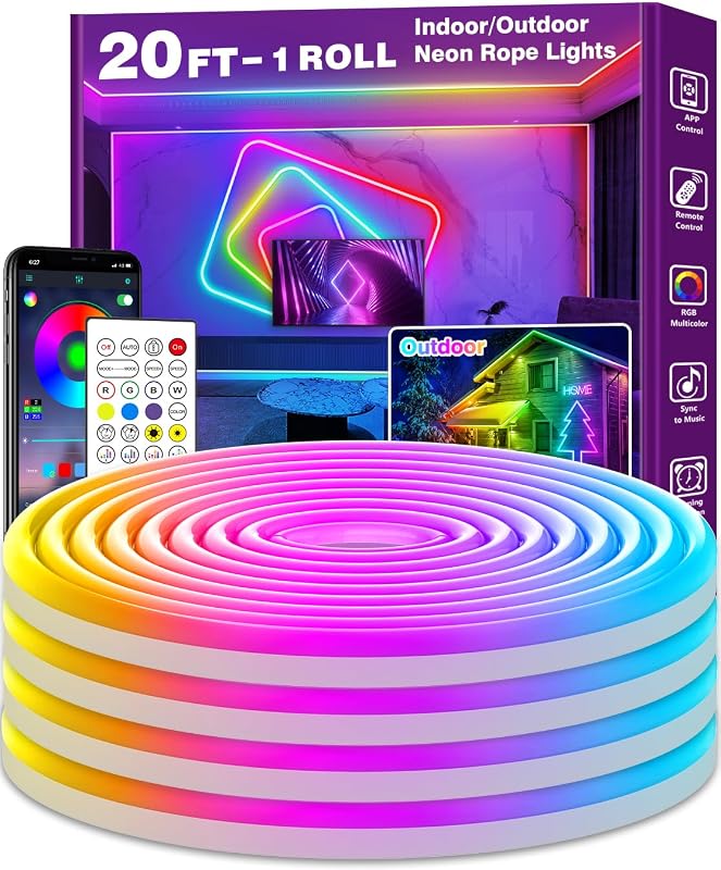 AILBTON 20Ft Neon Rope Lights,Flexible Led Rope Lights Control with App/Remote,Multiple Modes Music Sync Gaming RGB Led Neon Lights for Bedroom Outdoor - String & Accent Lighting, product photo on a white background