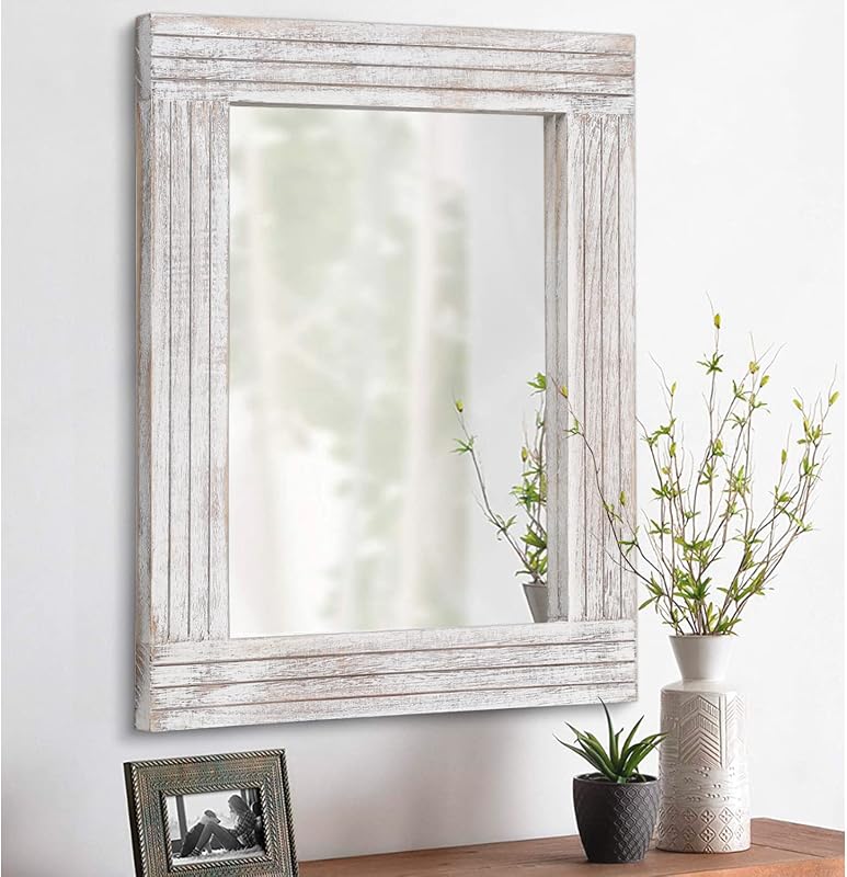 Mirrors for Wall Rustic Wooden Frame Rectangle Mirror Vintage Hanging Mirror for Bedroom Bathroom Living Room Farmhouse Wall Decor White Small 16" x 12 " - Mirrors, product photo on a white background