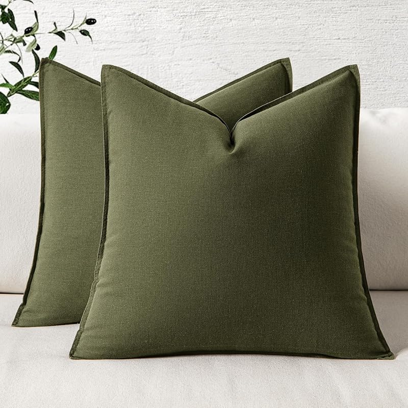 MIULEE Pack of 2 Decorative Linen Pillow Covers 18x18 Inch Olive Green - Vases & Objects, product photo on a white background