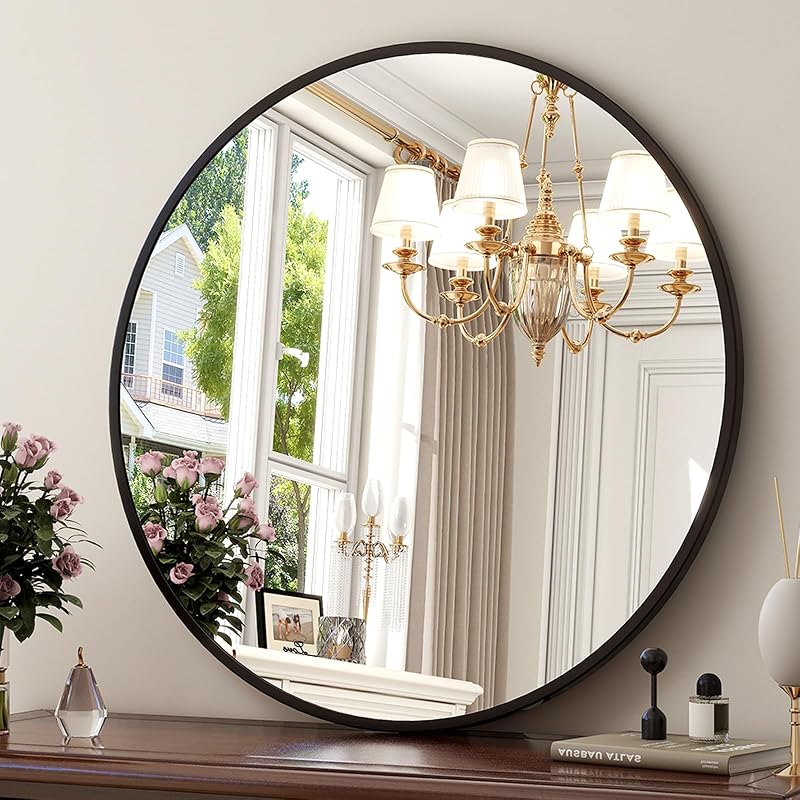 XRAMFY 30 Inch Round Mirror-Black Circle Mirrors for Bathroom, Entryway - Mirrors, product photo on a white background