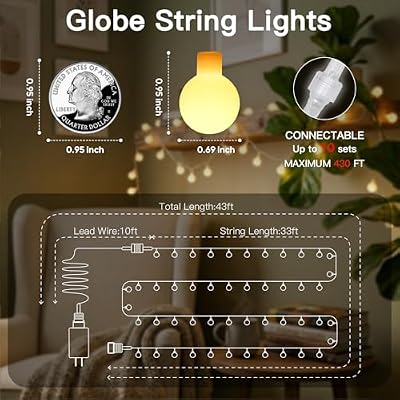 suddus 43FT Connectable Globe String Lights Plug in Remote Warm White - image 3 of 4